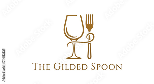 Elegant gilded spoon logo with wine glass and fork vector design