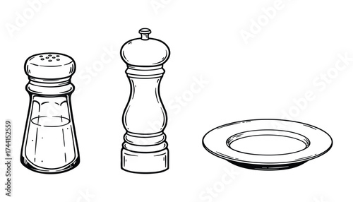 Salt Shaker, Pepper Grinder, and Plate Illustration