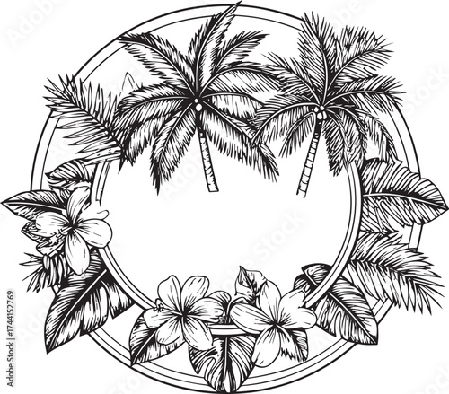 Hand-Drawn Tropical Circle Frame with Palm Trees and Plumeria