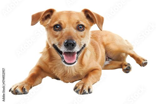 AI Image Charming caramel canine radiating joy with an open mouth on stark black background,