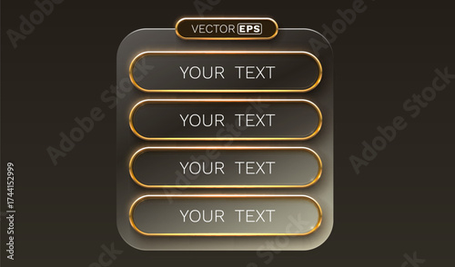 Stylish dark gray UI menu panel with glossy golden framed buttons, perfect for user interface design.