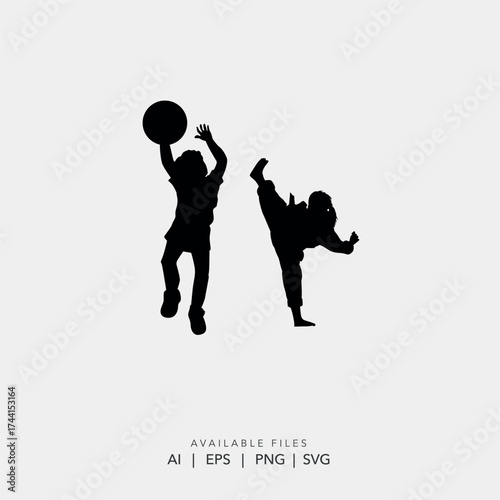 children sports logo, youth martial arts basketball vector, kid silhouette sport, karate basketball logo, taekwondo basketball logo, children's sports team emblem, youth athletic club vector,