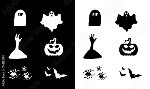 Halloween silhouette set vector illustration, Halloween silhouette black vector, illustration, Halloween, pumpkin, pumpkin silhouette, silhouettes black, moon, star, bat, bat silhouette, cat,	