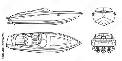 Speed boat blueprint views set, Multiple angle views