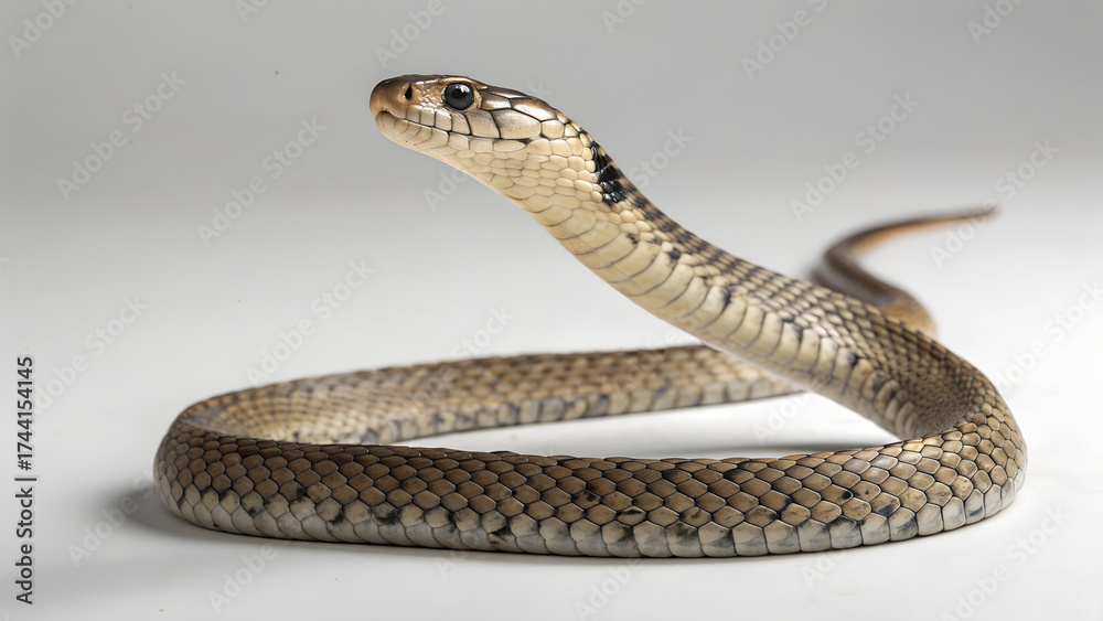 Fototapeta premium Close-up of snake on white background showing scales and head details symbolizing danger nature and reptile wildlife ideal for education or zoology visuals