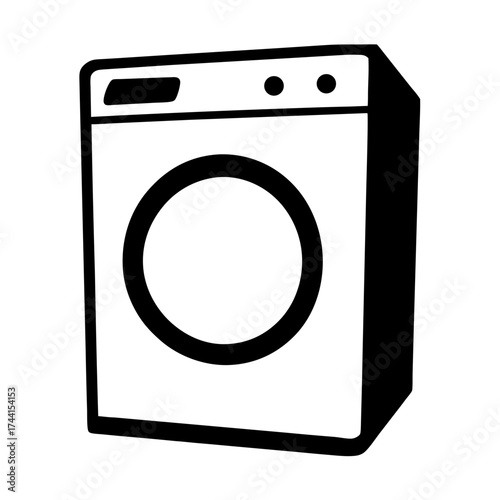 Vector art of washing machine icon, representing laundry appliance for cleaning clothes and household chores in a simple black and white design