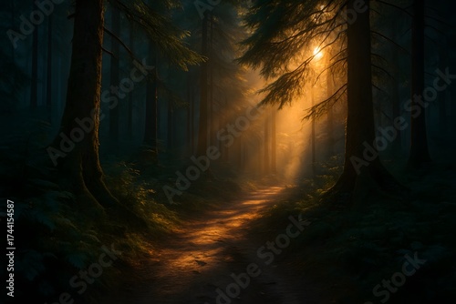 Sunlight Forest Path Mystical Nature Scenery Woodland Trail Trees Serene