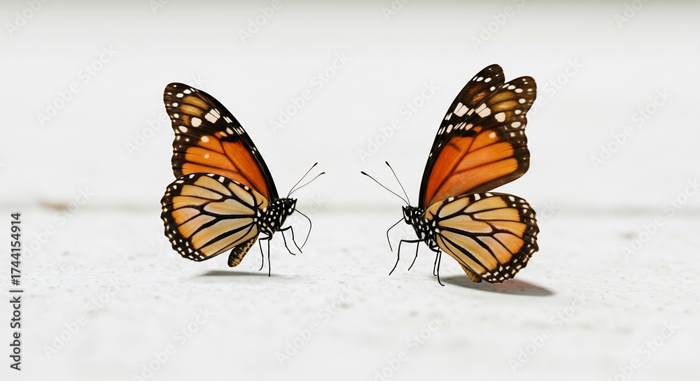 Obraz premium Papillons monarques brillants se font face lumiere douce nature. AI Generated