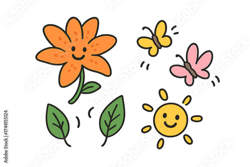 Cheerful Doodle Stickers. Bright doodle stickers: smiling lily, tiny butterflies and leaves dancing, cheerful doodle charm, white