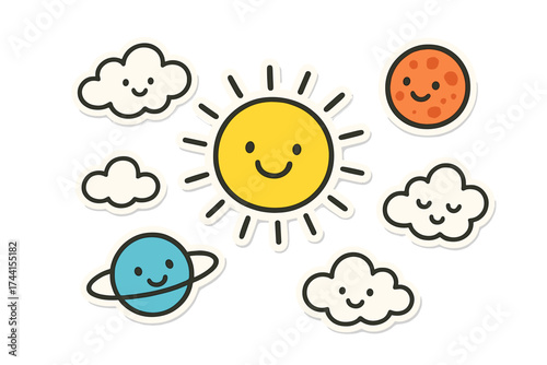 Cheerful Cosmic Stickers. Bright doodle stickers: smiling sun, tiny planets and clouds floating, cheerful doodle charm, white