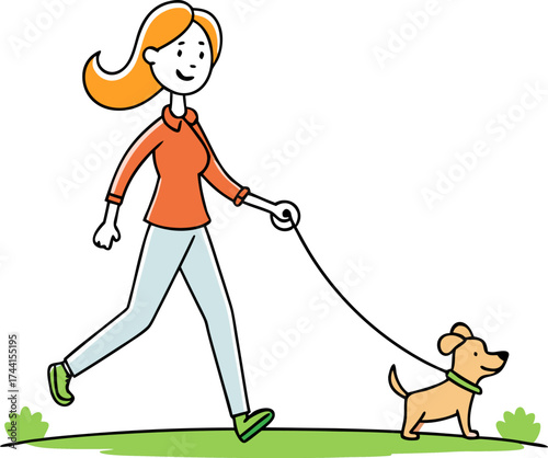 A woman with orange hair walks a tan dog on a leash walking