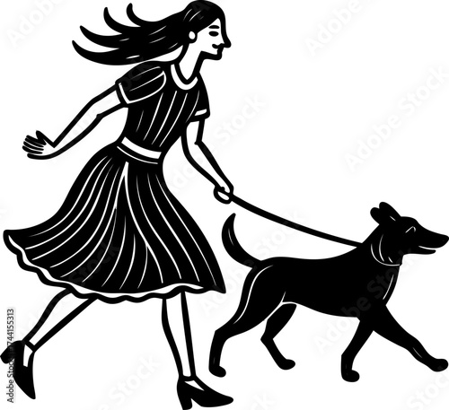 Black and white line drawing of a woman walking her dog leash silhouette