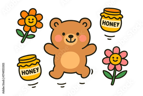 Cheerful Bear Stickers. Bright doodle stickers: smiling bear, tiny honey jars and flowers jumping, cheerful doodle charm, white