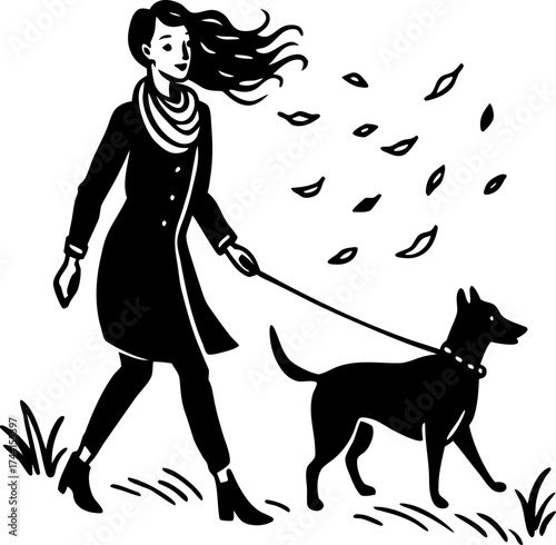 Black and white sketch of a woman walking her dog in windy weather leash