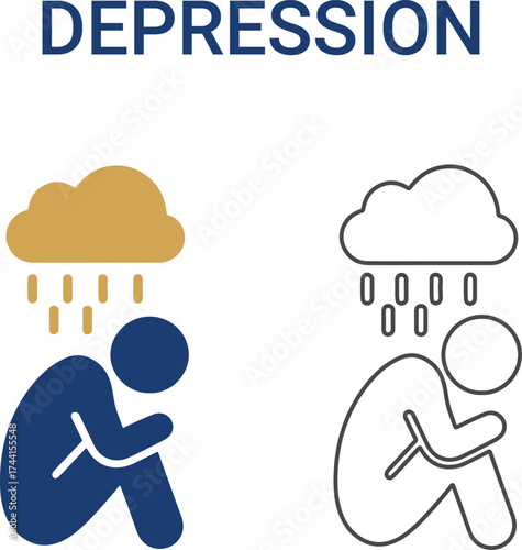 Depression Line art icons. Collection of meditation, stress management, anxiety, psychosis, depression, and more. Vector illustration. Easily changes to any color.