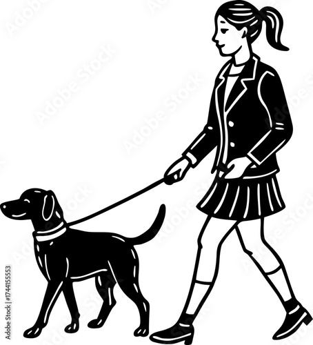 Line art of a woman in a suit walking a black dog on a leash vector