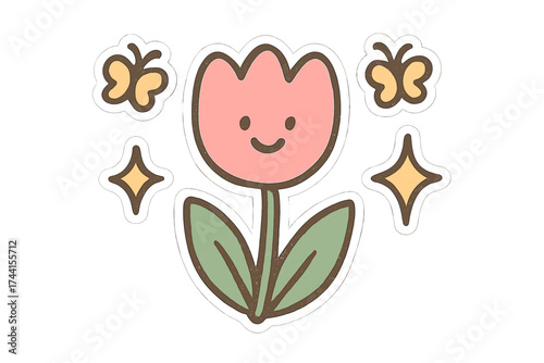 Cheerful Doodle Stickers. Adorable doodle stickers: smiling tulip, tiny butterflies and sparkles floating, cheerful doodle charm,