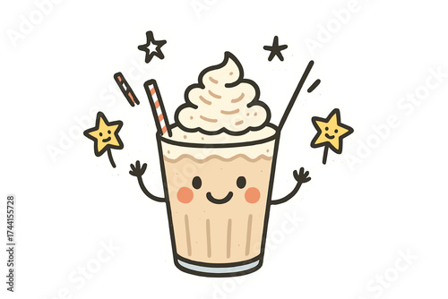 Whimsical Milkshake Doodles. Whimsical doodle stickers: happy milkshake, tiny straws and stars waving, cheerful doodle charm,