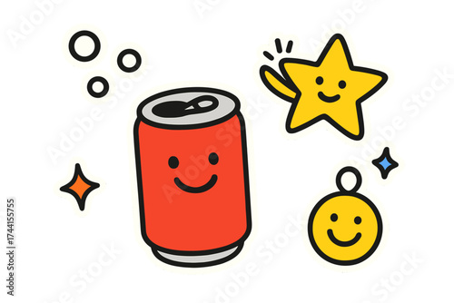 Cheerful Doodle Stickers. Bright doodle stickers: smiling soda can, tiny bubbles and stars waving, cheerful doodle charm, white