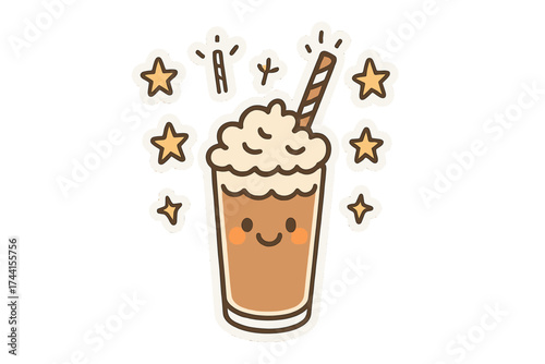 Whimsical Milkshake Doodles. Whimsical doodle stickers: happy milkshake, tiny straws and stars waving, cheerful doodle charm,