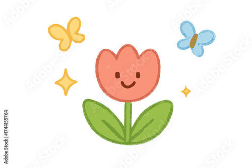 Cheerful Doodle Stickers. Adorable doodle stickers: smiling tulip, tiny butterflies and sparkles floating, cheerful doodle charm,