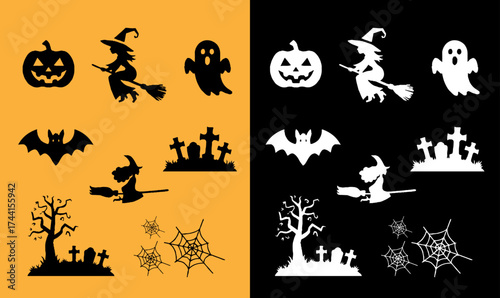 Halloween silhouette set vector illustration, Halloween silhouette black vector, illustration, Halloween, pumpkin, pumpkin silhouette, silhouettes black, moon, star, bat, bat silhouette, cat,	
