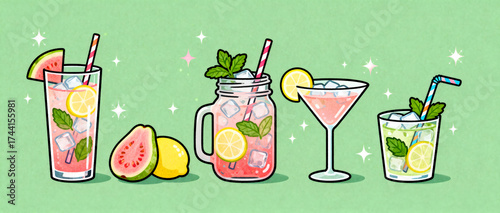 Vibrant illustrated tropical drinks with ice cubes, mint leaves, guava, and lemon slices in colorful glasses on pastel green background
