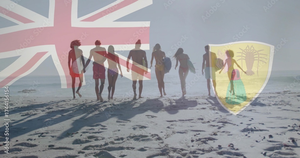 Fototapeta premium Walking eight surfers in swimwear carrying surfboards on beach, with flag overlay and lobster crest