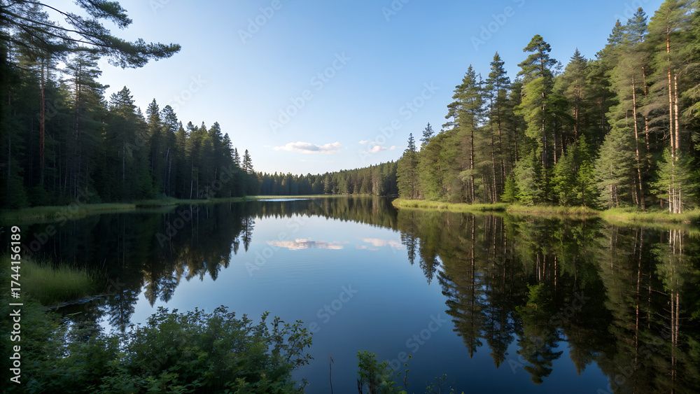 Fototapeta premium Peaceful forest lake surrounded by tall pine trees reflecting in calm water under clear blue sky perfect for nature travel backgrounds and relaxation themes