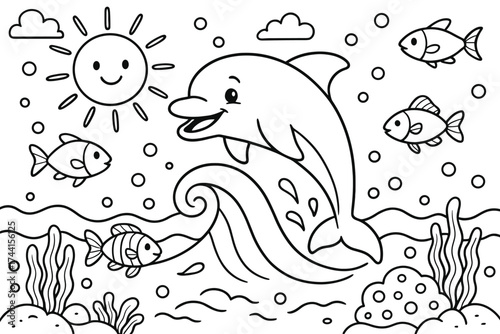 Smiling Dolphin Adventure. Underwater world coloring page: smiling dolphin jumping over waves, fish swimming around, sun shining