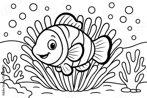 Clownfish and Sea Anemone. Clownfish coloring page: clownfish hiding in sea anemone, bubbles floating, coral around, black and