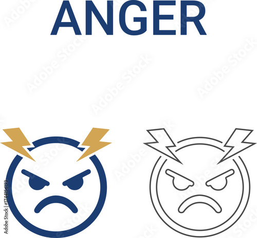 Anger Line art icons. Collection of meditation, stress management, anxiety, psychosis, depression, and more. Vector illustration. Easily changes to any color.