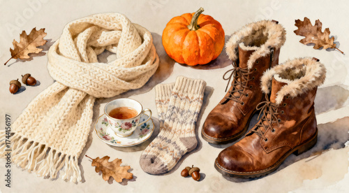 Warm cozy autumn flat lay with knitted scarf, leather boots, pumpkin, and tea cups, watercolor painting style with rustic fall leaves and acorns