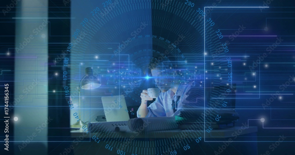 Naklejka premium Holding coffee cup, man in shirt analyzing laptop screen under lamp in office, with digital overlay