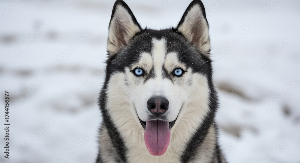Naklejka premium Husky adorable yeux bleus regard intense neige fond flou. AI Generated