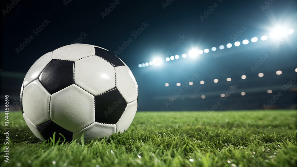 Naklejka premium Close-up of classic black and white soccer ball on green grass field under stadium lights at night perfect for sports advertising training and competition visuals 
