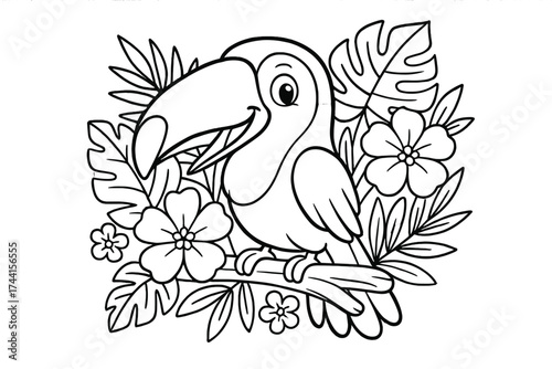 Toucan Jungle Safari. Jungle safari coloring page: toucan on tree branch, oversized beak smiling, jungle flowers around, black and