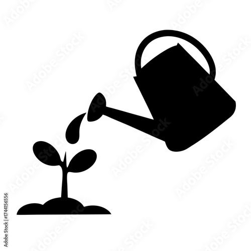 Vector art of watering can pouring water on a small plant, symbolizing growth, care, and nurturing in a simple vector icon