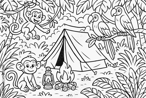 Jungle Camp Adventure. Jungle safari coloring page: jungle campsite with tent, campfire and lantern, monkeys and parrots nearby,