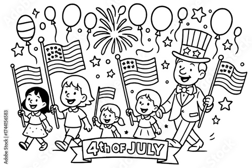 Festive 4th Parade. Holiday coloring page: 4th of July parade with flags waving, balloons floating, fireworks above, black and