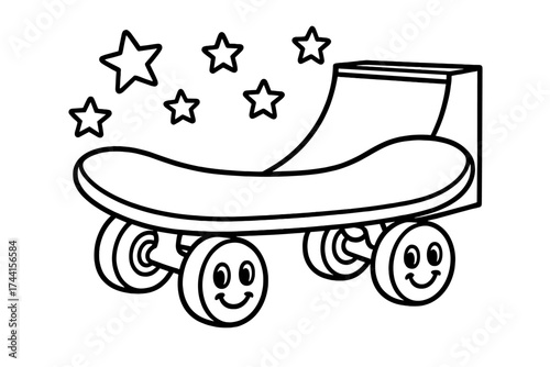 Smiling Skateboard Adventure. Sports coloring page: skateboard with smiling wheels, ramp behind, stars floating, black and white