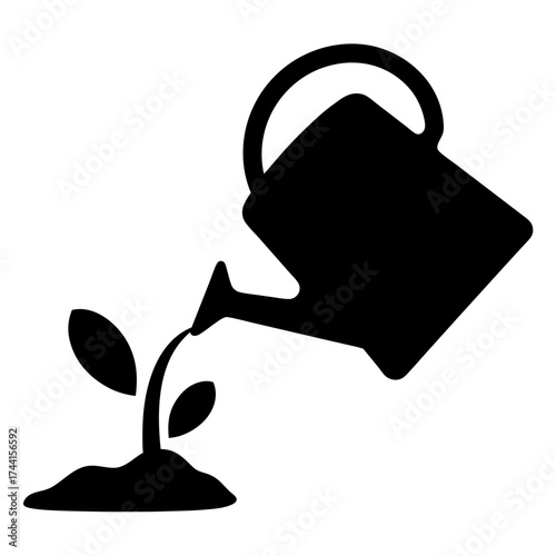 Vector art of watering can pouring water on a small plant, representing growth, care, and cultivation in a simple vector icon