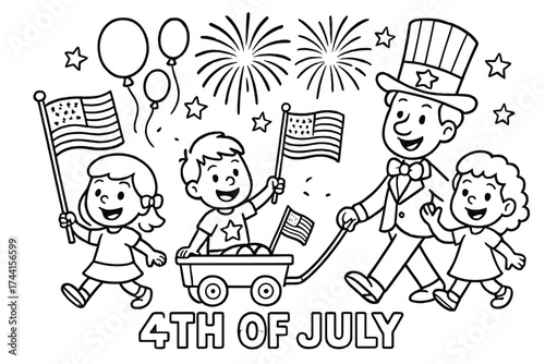 Festive 4th Parade. Holiday coloring page: 4th of July parade with flags waving, balloons floating, fireworks above, black and