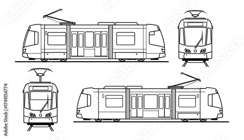 Detailed Vector Illustration of a Modern Tram Design in Multiple Views