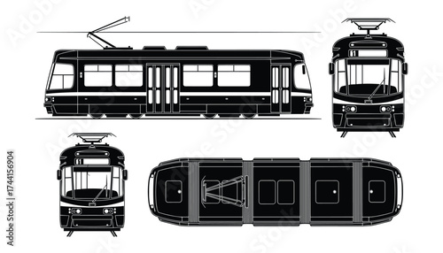 Vector Illustration: Tramway Detailed Technical Drawing in various views