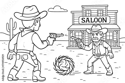 Cowboy Duel Scene. Desert & Wild West coloring page: cowboy duel with pistols, tumbleweed rolling, saloon behind, black and white
