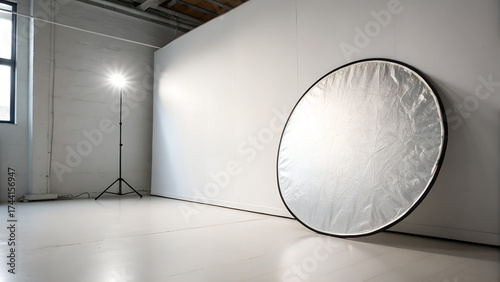 Large silver reflector leaning against white wall with spotlight in modern photo studio interior perfect for lighting equipment advertising and creative setup visuals