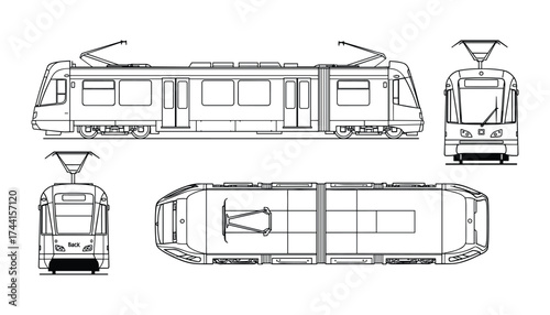 Detailed vector illustration: modern city tramway, front and side views