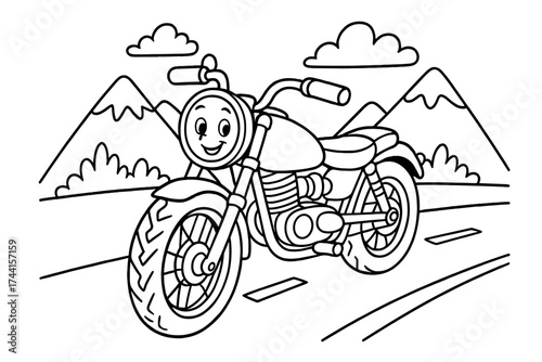 Motorcycle Adventure Coloring. Transportation coloring page: motorcycle riding on road, mountains behind, smiling headlight, black