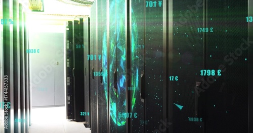 Projecting holographic globe above server racks in data center corridor with floating money labels
